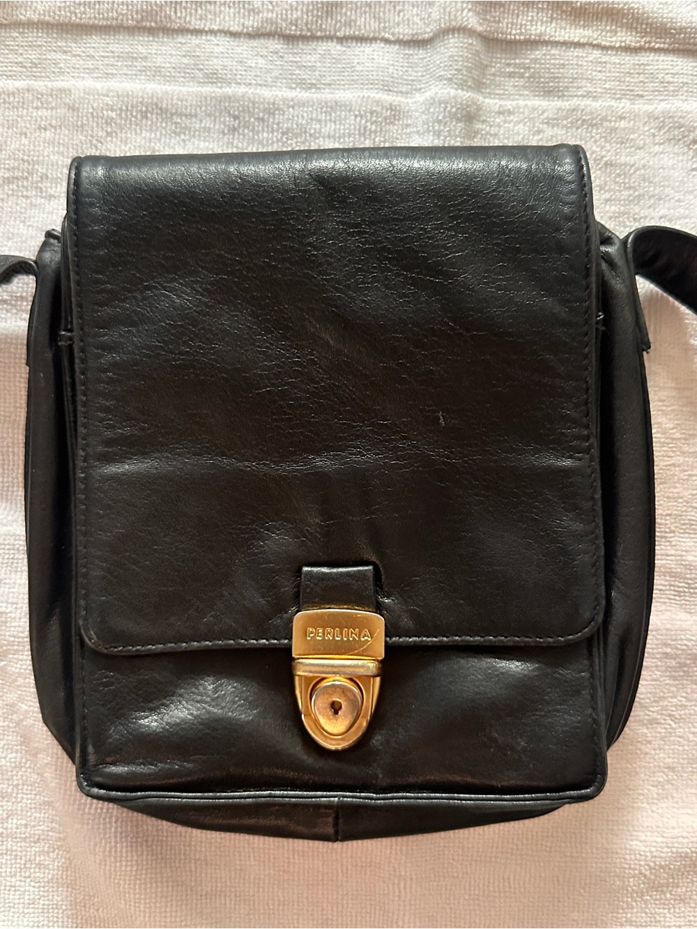 Perlina Black Leather Messenger Bag with Gold-Tone Lock